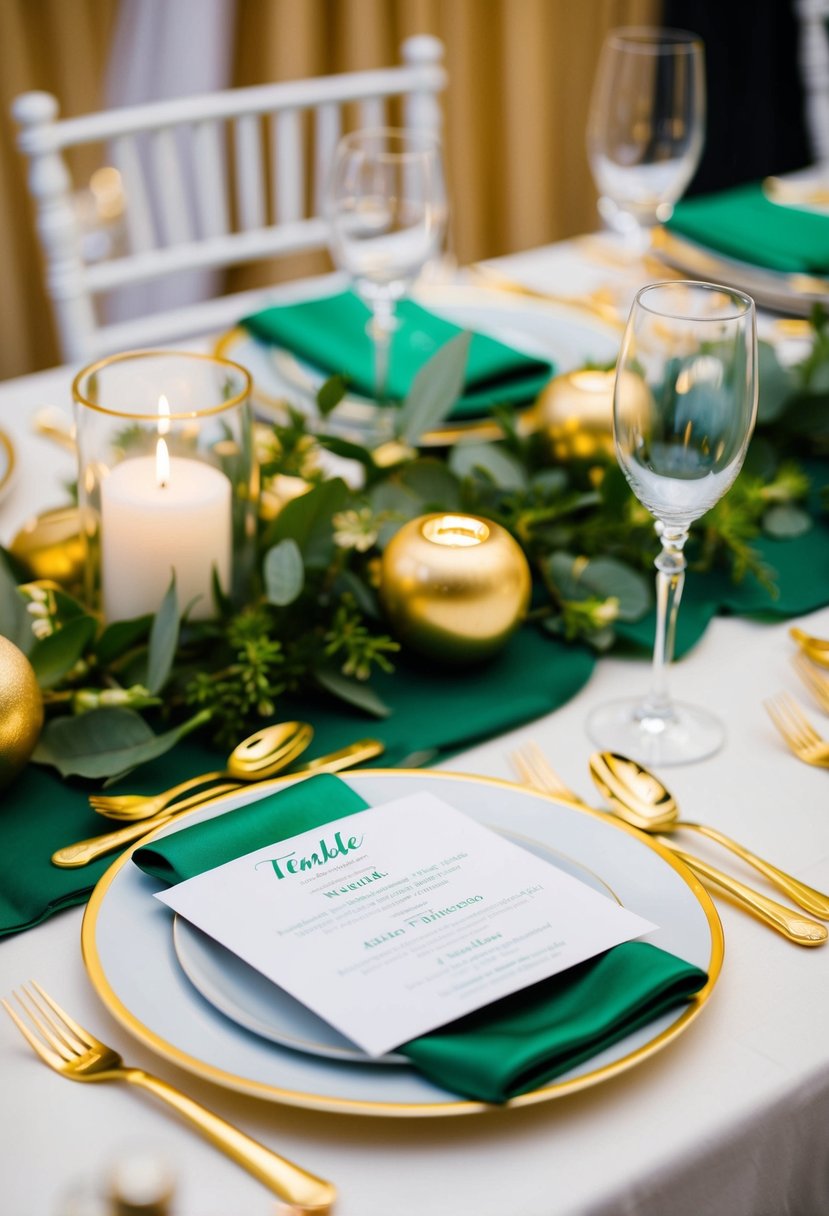 A table set with gold cutlery featuring green handles, surrounded by green and gold wedding decor