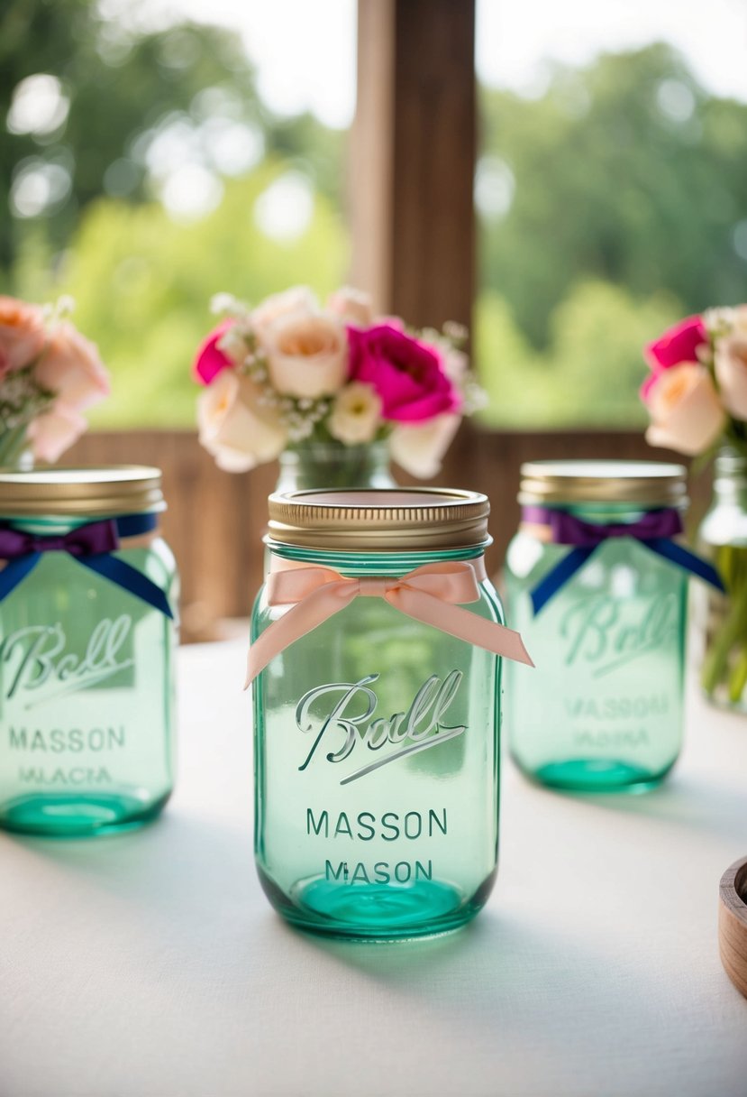 Jars adorned with ribbons in wedding colors sit on a table