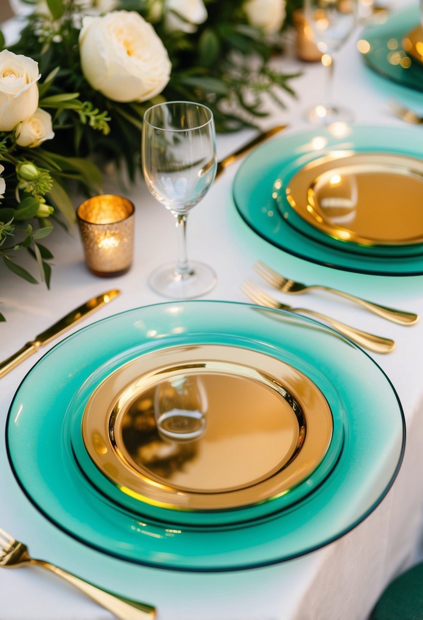 Green and gold glass charger plates arranged on a wedding reception table, reflecting the ambient light and adding a touch of elegance to the decor