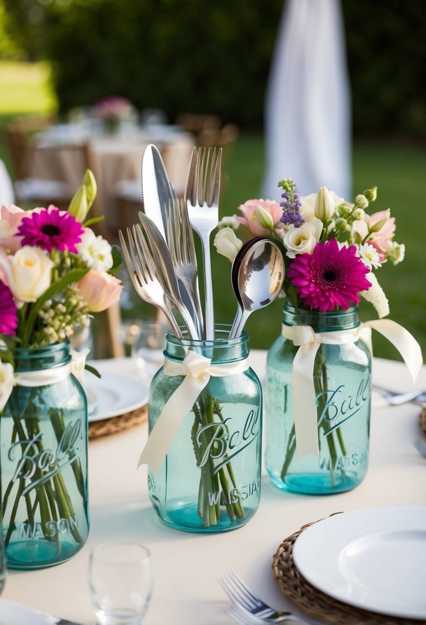 Jars hold utensils, arranged on a wedding table. Flowers and ribbons adorn the jars, creating a functional and decorative display