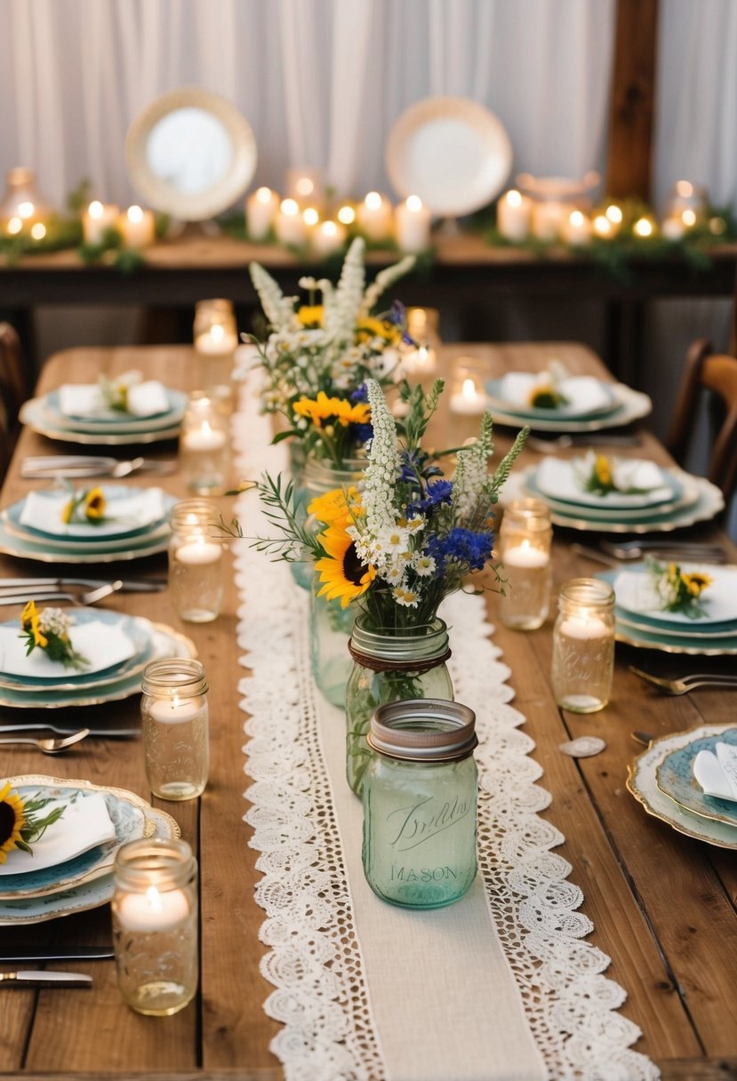 A wooden table adorned with antique lace, mason jar centerpieces, and wildflower bouquets, set against a backdrop of vintage china and candlelight