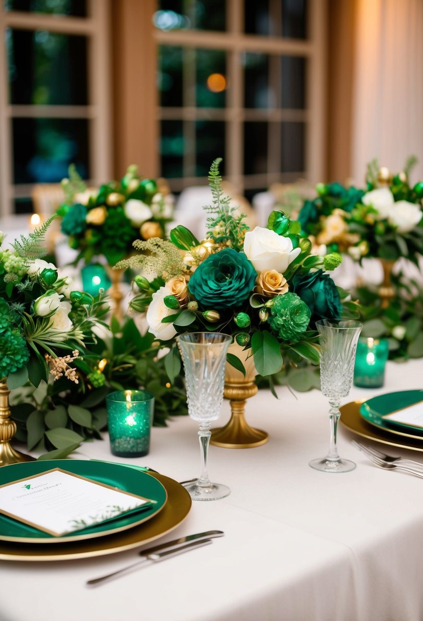 Emerald and gold floral centerpieces adorn a wedding table, creating a lush and elegant atmosphere