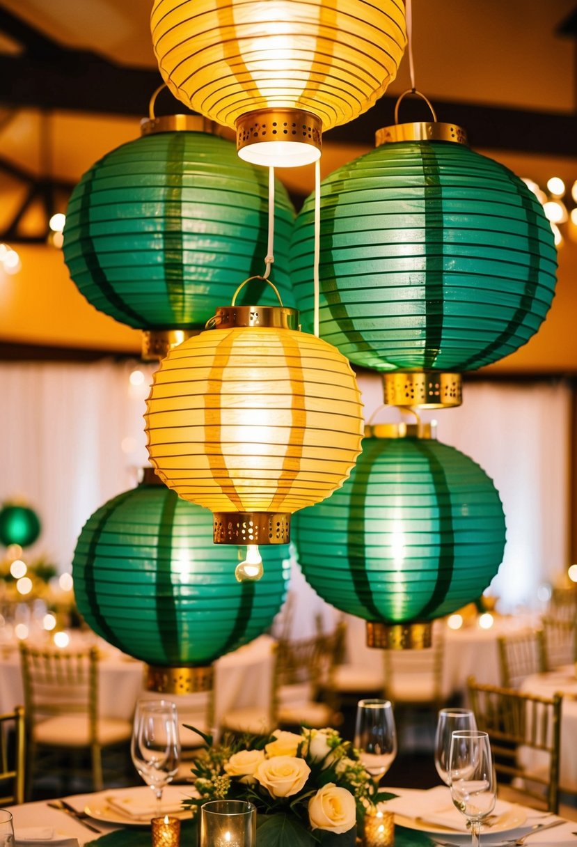 Green and gold lanterns hang above a wedding table, casting a warm and romantic glow over the elegant decorations