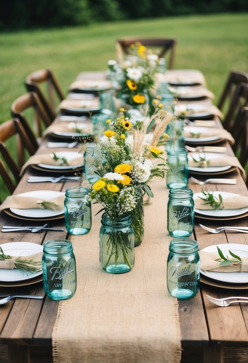 A wooden table adorned with burlap runners, mason jar centerpieces, and wildflower arrangements, creating a rustic vintage wedding vibe