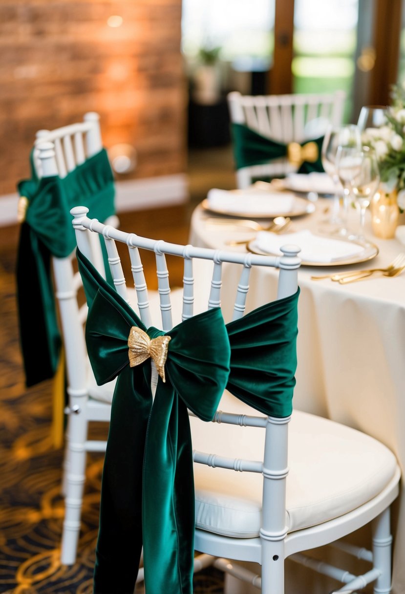 Velvet green chair sashes tied with gold bows adorn wedding reception chairs