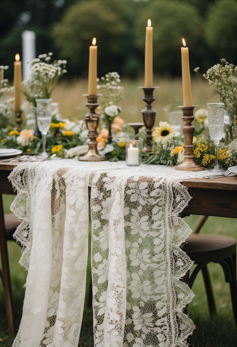 A vintage lace tablecloth drapes over a wooden table, adorned with antique candle holders and wildflowers, creating a rustic wedding atmosphere