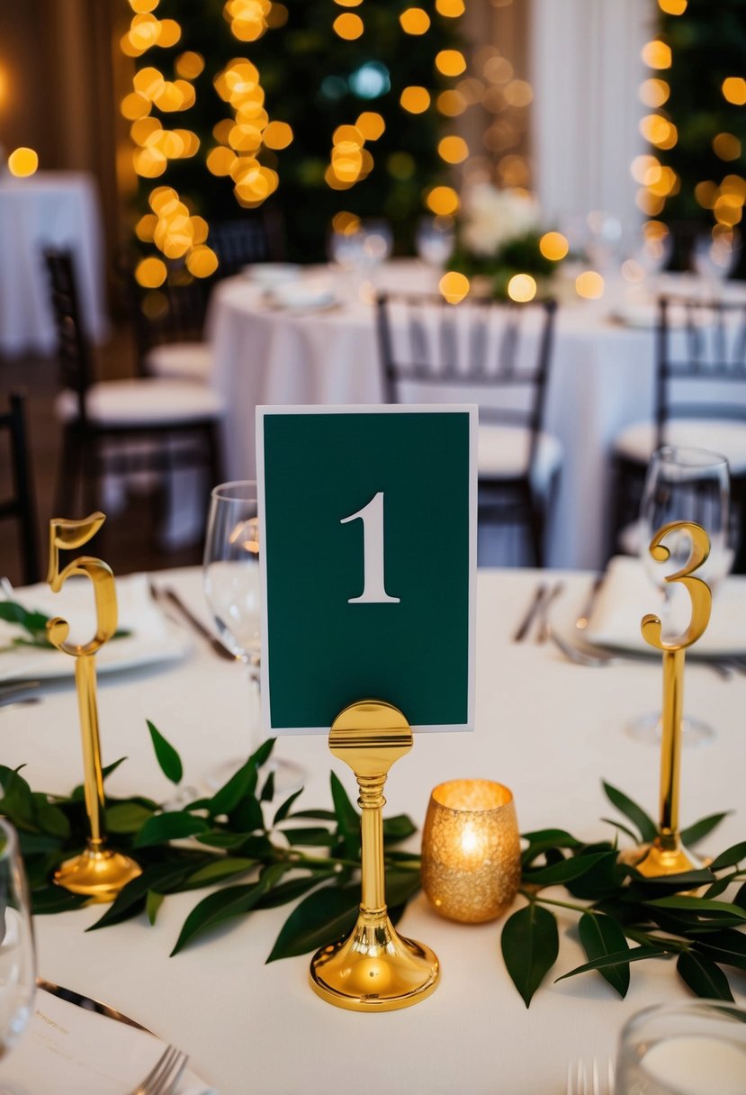 Green and gold table number holders arranged on a decorated wedding reception table