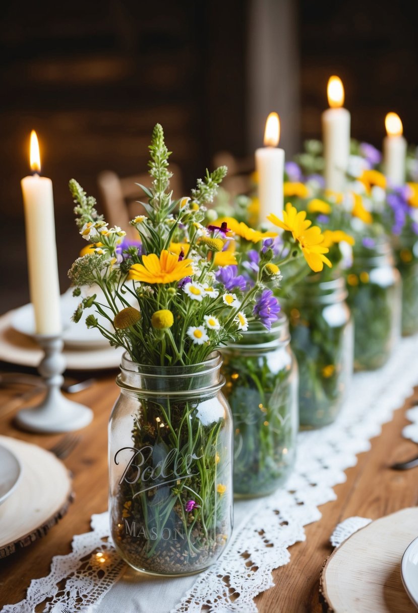 Mason jars filled with wildflowers, set on wooden tables with lace runners and candlelight