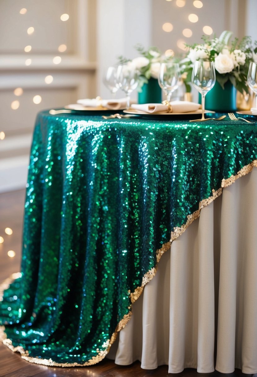 An emerald green sequin tablecloth draped over a table, adorned with gold accents and sparkling in the light