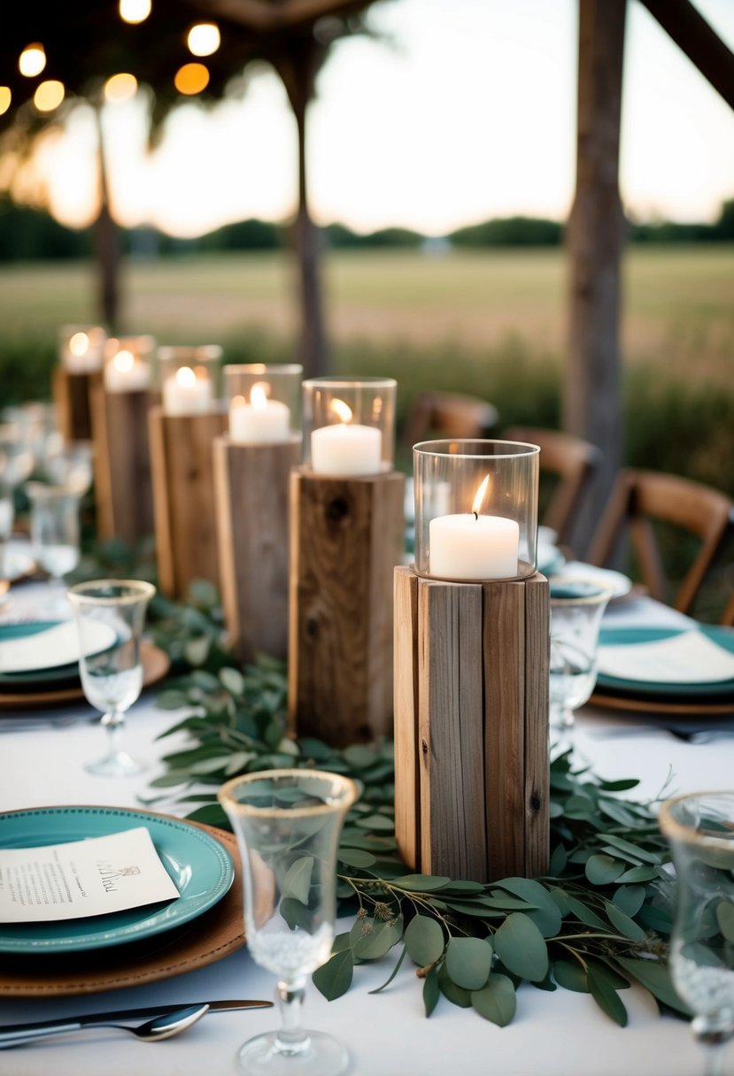 A table set with reclaimed wood candle holders, adorned with vintage accents for a rustic wedding