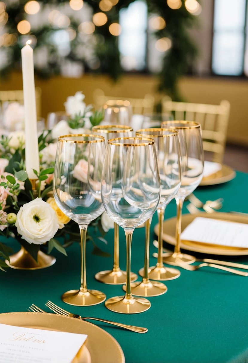 Gold-rimmed wine glasses arranged on a green and gold wedding table with floral centerpieces and elegant place settings