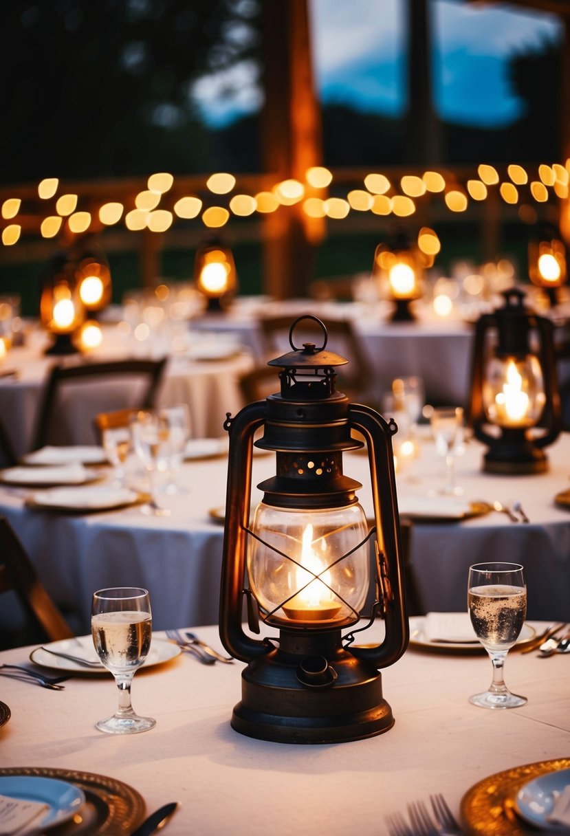 Antique lanterns illuminate rustic wedding tables with vintage charm