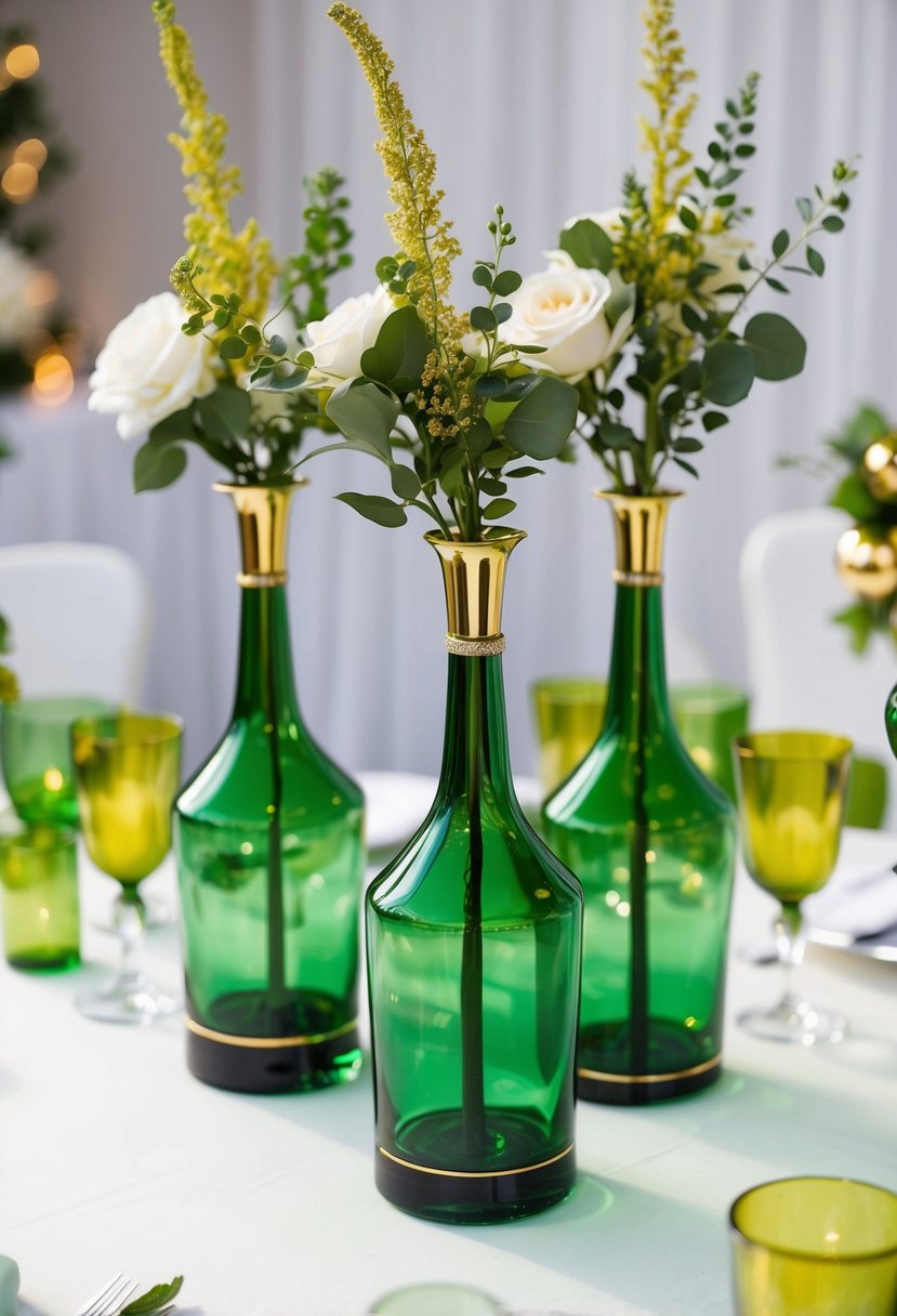 Three green glass table vases with gold accents on a white table, surrounded by green and gold wedding decorations