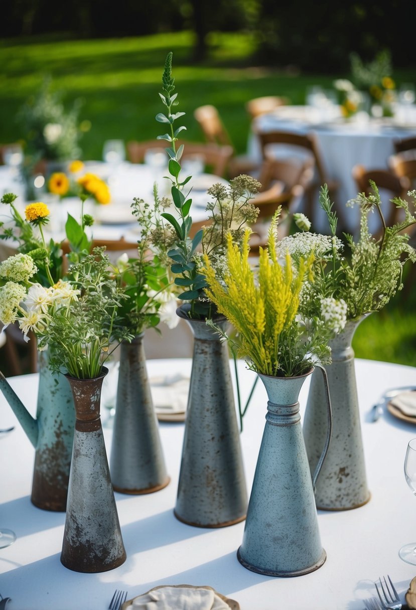 A collection of weathered metal vases filled with wildflowers and greenery, serving as rustic vintage wedding table decorations