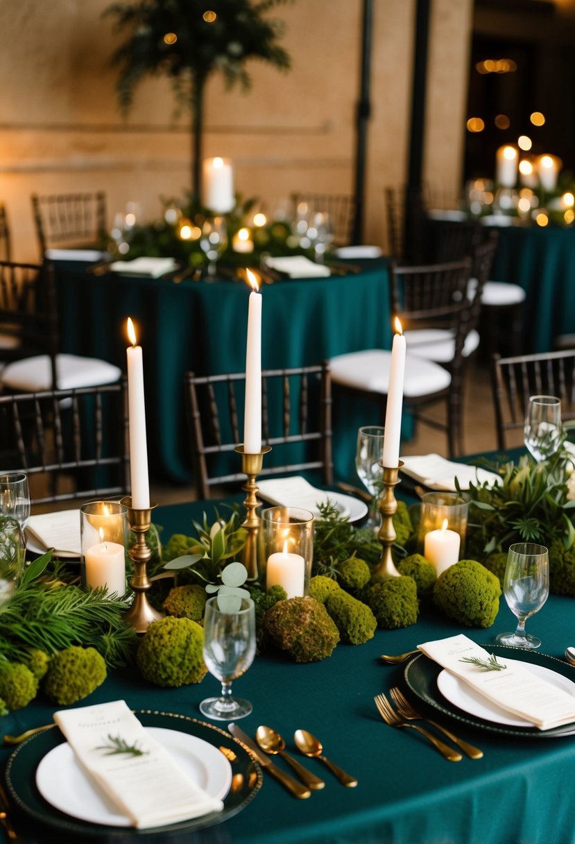 A dark green table adorned with lush foliage, moss, and candles for an elegant wedding reception setting