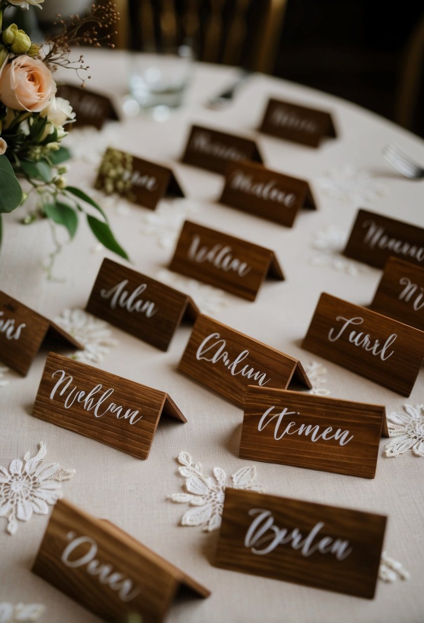 Rustic wooden name cards arranged on a vintage wedding table with delicate floral decorations