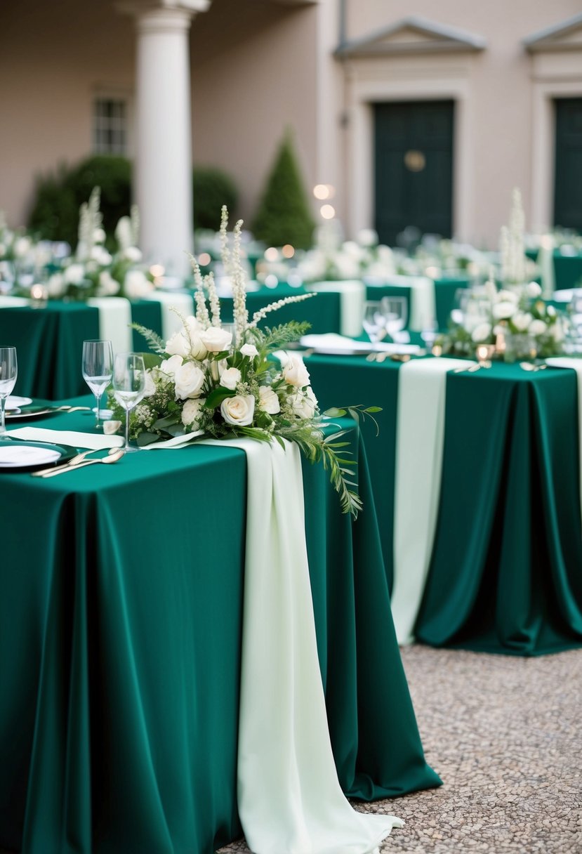 Emerald green tablecloths draped over dark green tables, adorned with elegant wedding decorations