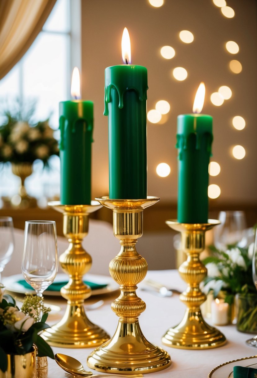 Gold candlesticks hold green tapers, set on a table with gold and green wedding decorations