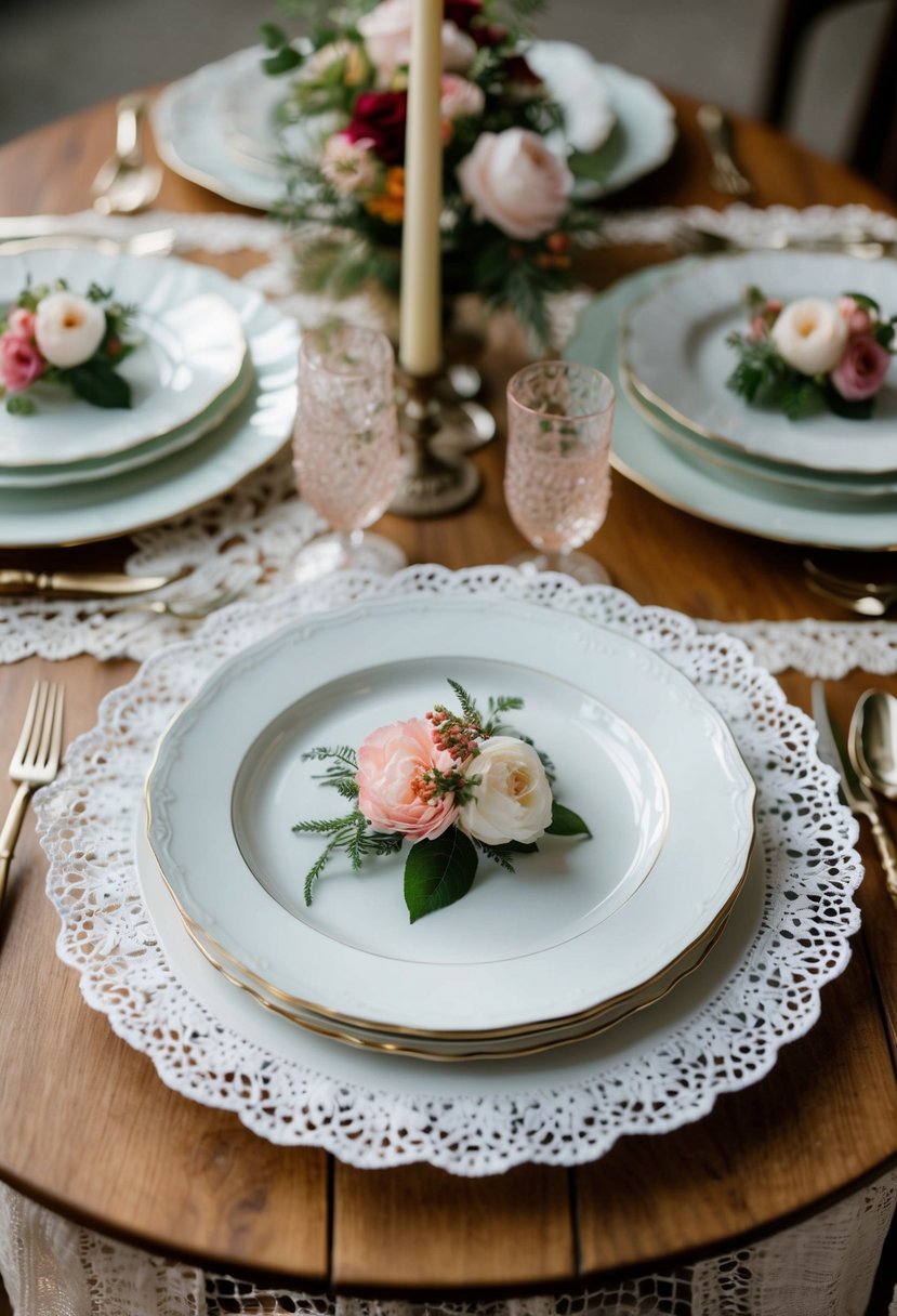 Vintage china plates arranged on a wooden table with lace and floral centerpieces