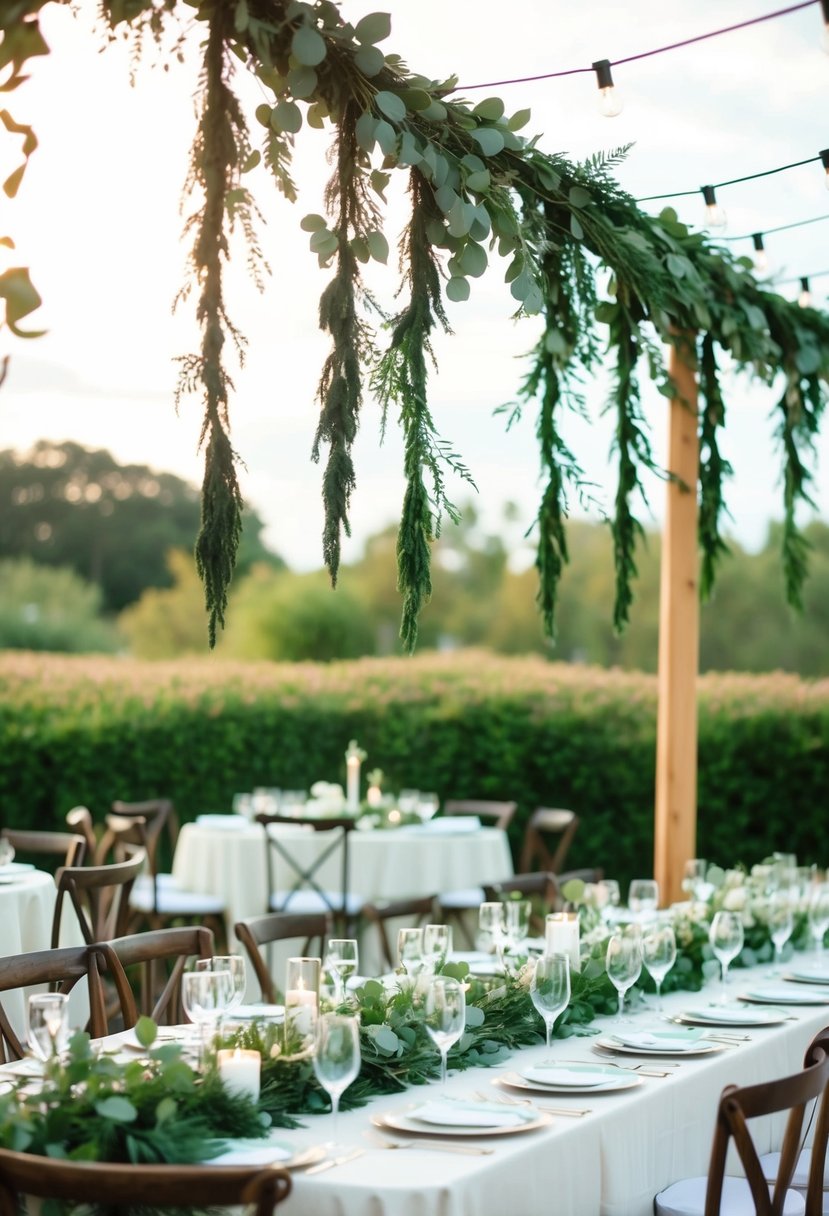 Dark green garlands hang above wedding tables, creating an elegant and natural atmosphere