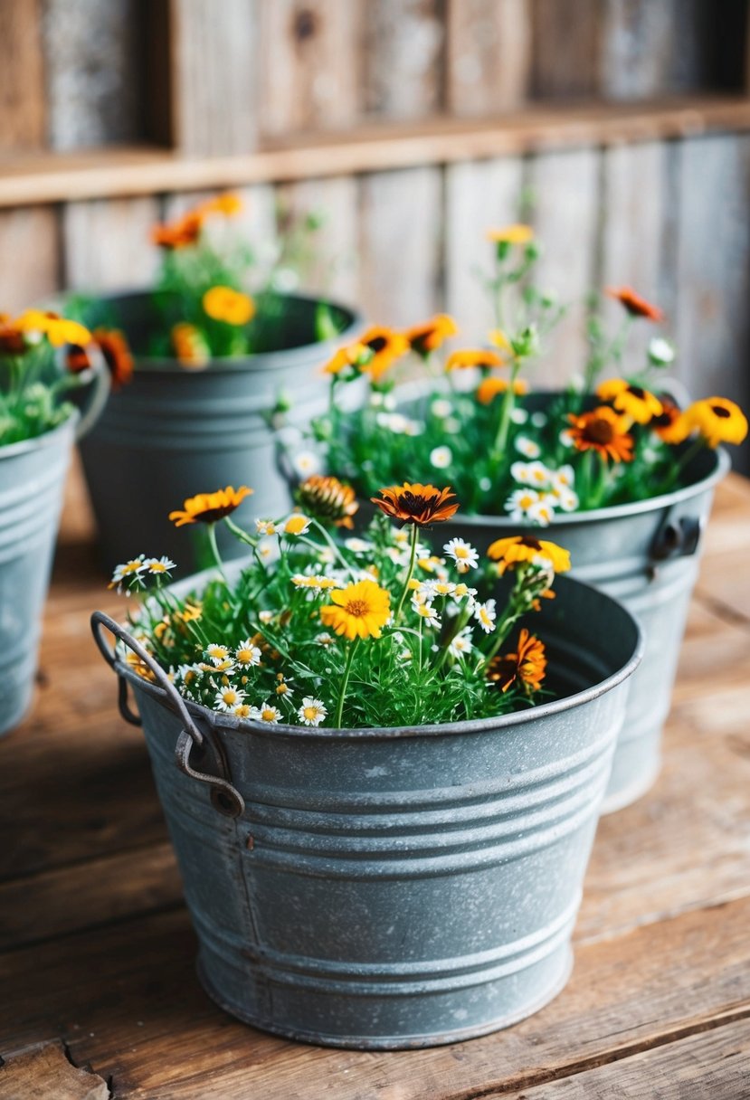 Rustic metal buckets filled with wildflowers on a wooden table