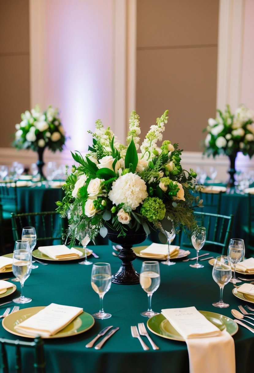 Lush green and ivory floral centerpieces adorn dark green wedding tables