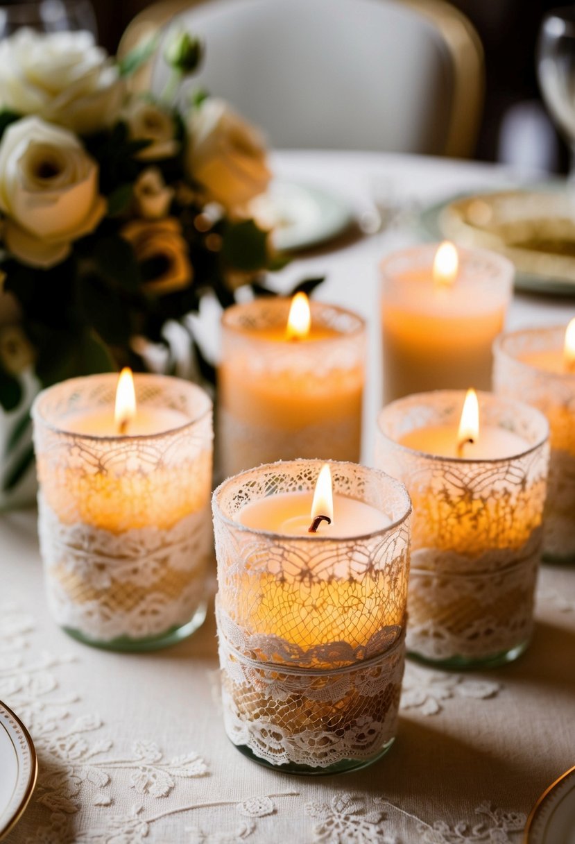 Votive candles wrapped in lace, arranged on a vintage wedding table