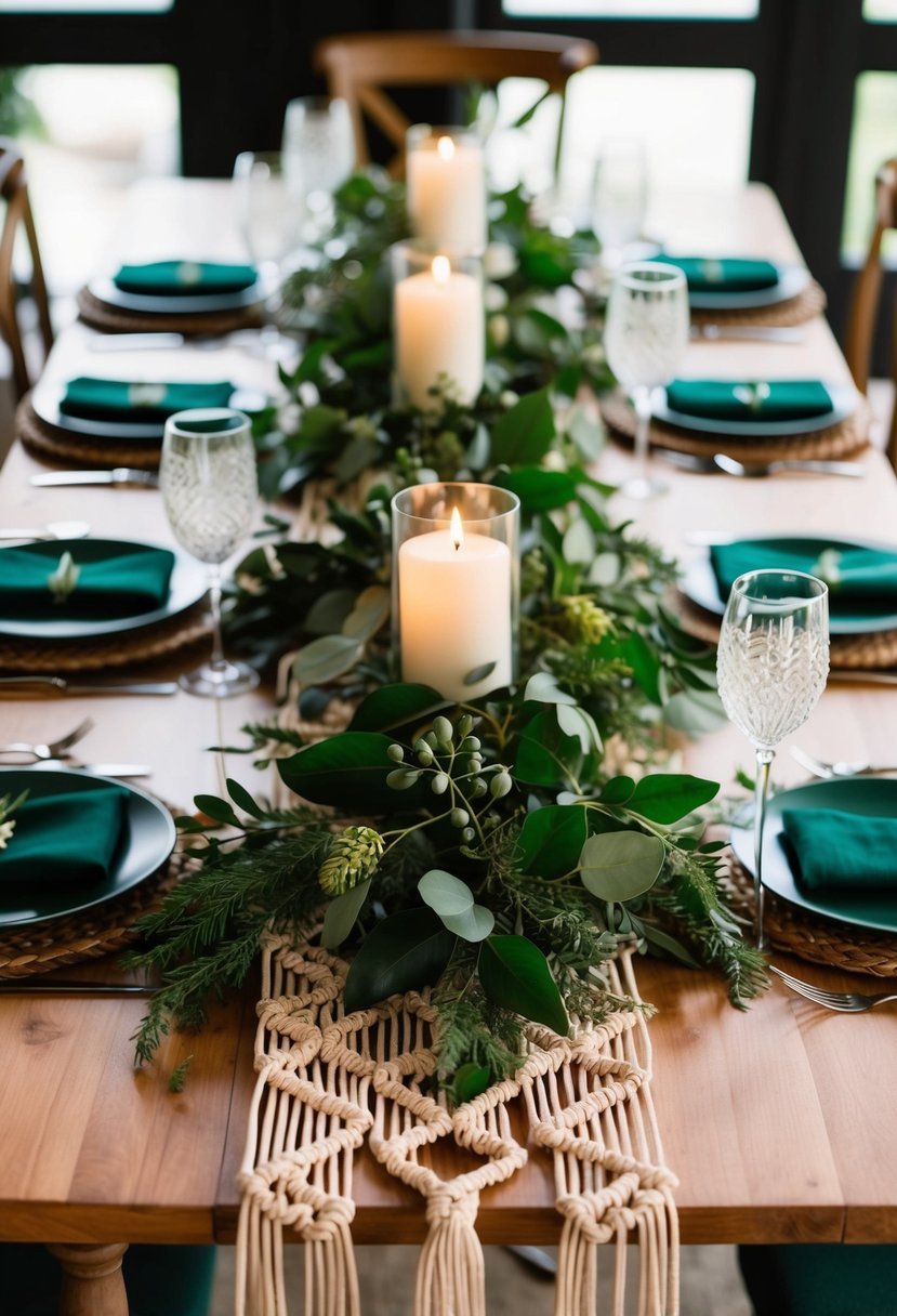 A macramé table runner adorned with lush greenery and dark green accents, creating an elegant and natural wedding table decoration