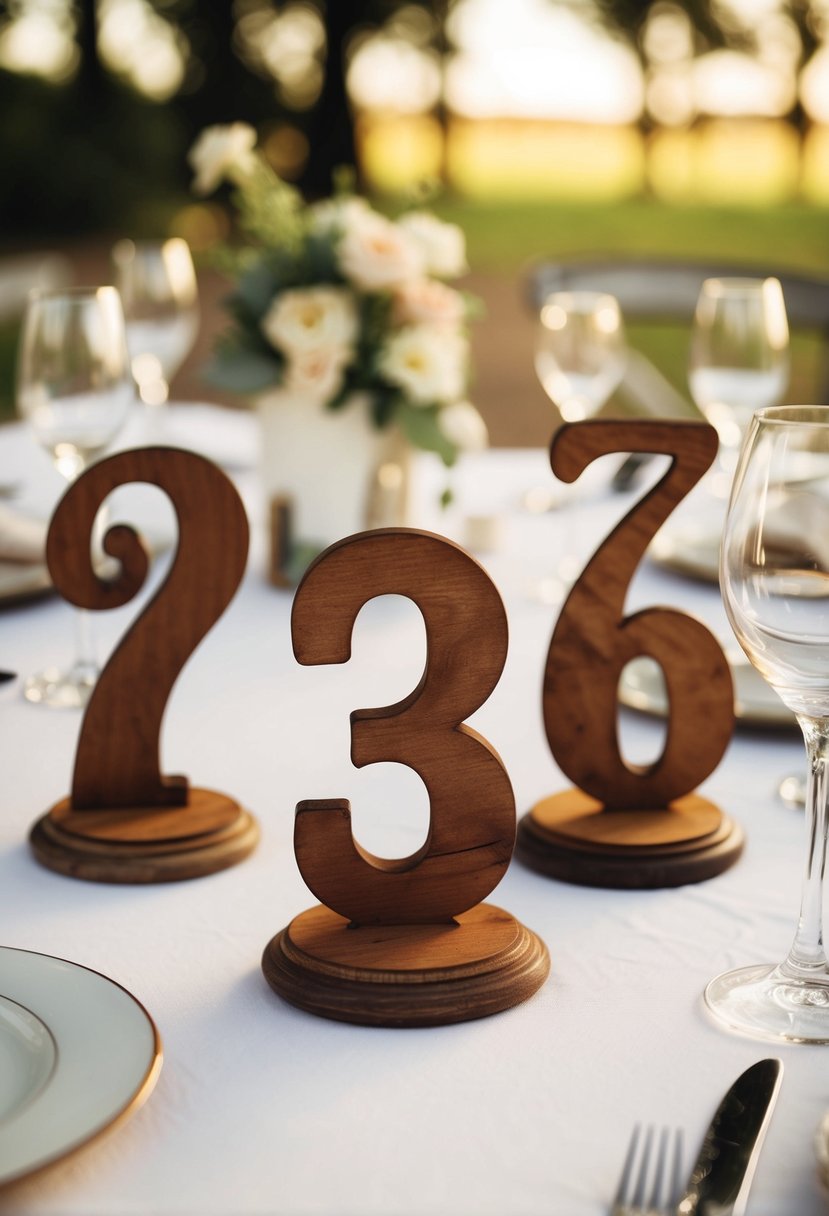 A set of handcrafted wooden table numbers arranged on a rustic vintage wedding table