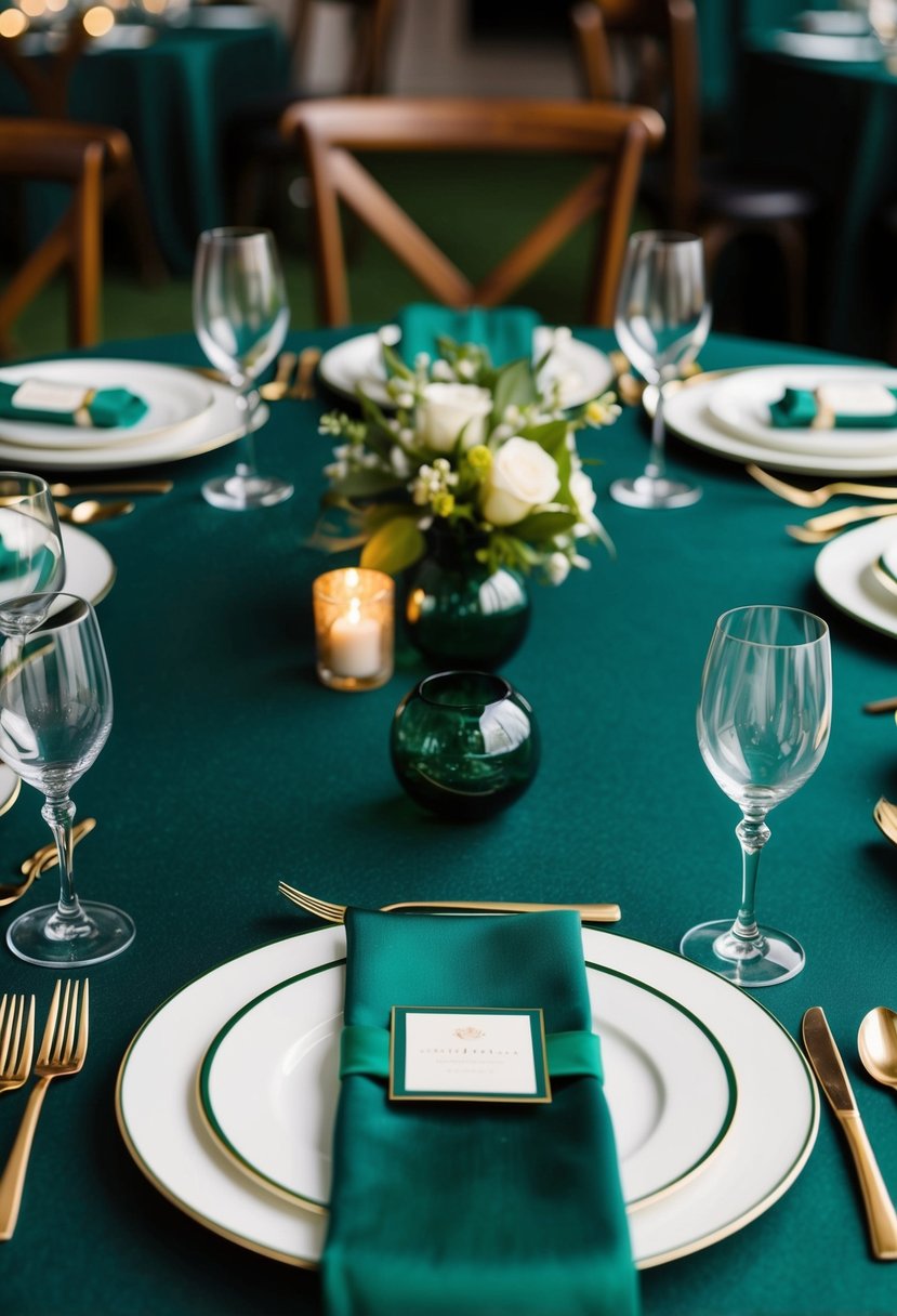 A dark green table adorned with emerald and gold cutlery, set for a luxurious wedding celebration