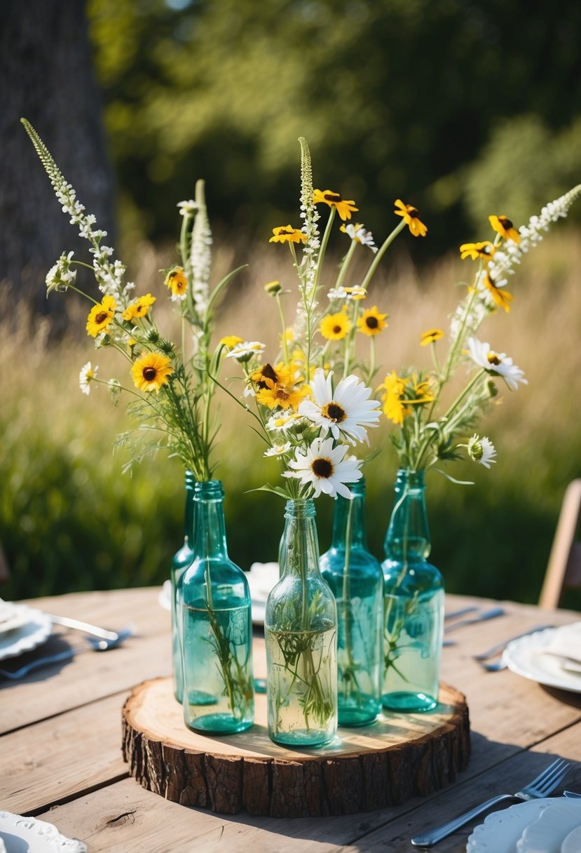 Rustic wooden table adorned with old-fashioned glass bottles filled with wildflowers, creating a vintage wedding centerpiece