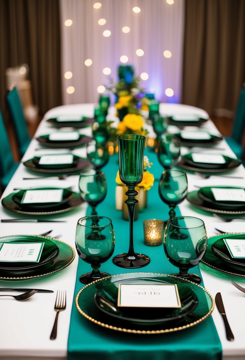 A table set with dark green glassware and matching decor for a vibrant wedding centerpiece