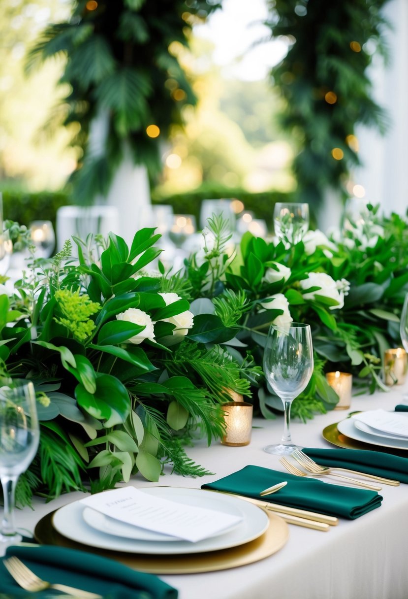 Lush green foliage and dark green accents adorn the wedding table, creating a nature-inspired and elegant setting