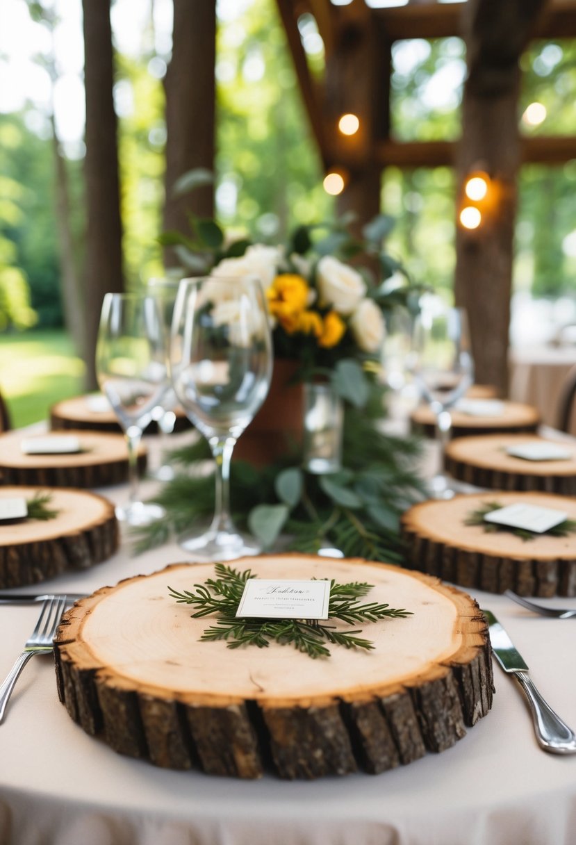 Rustic log slices arranged as vintage wedding table decor