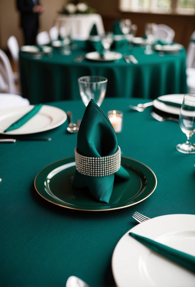 Emerald green napkin rings encircling dark green table settings at a wedding reception