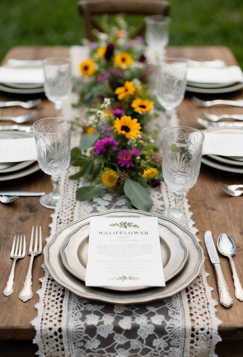 Rustic table setting with vintage silverware, lace table runner, and wildflower centerpieces