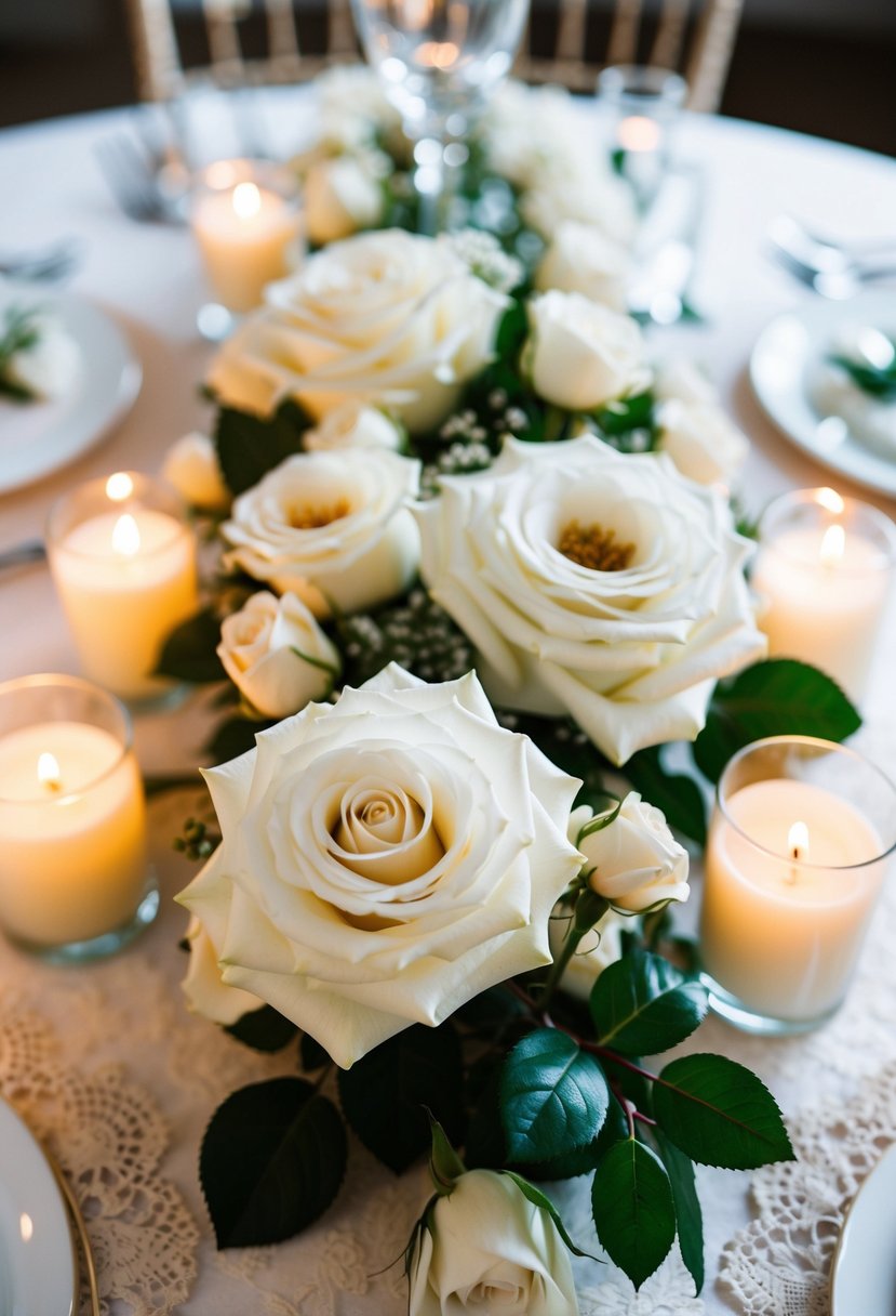 A table adorned with white roses, candles, and delicate lace linens for a wedding celebration