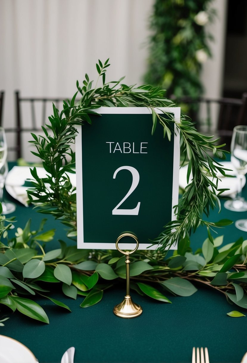 Lush green foliage entwined around elegant table numbers for a dark green wedding table decoration