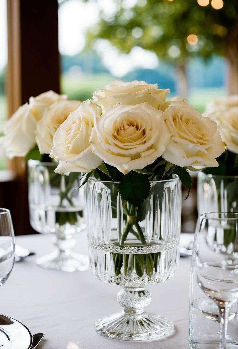 Crystal vases hold white roses on a wedding table