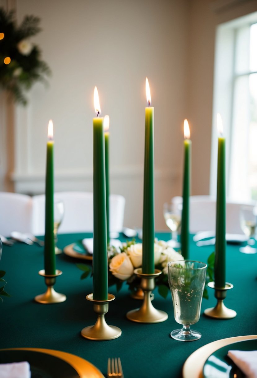 A dark green table adorned with green tapered candles for a wedding