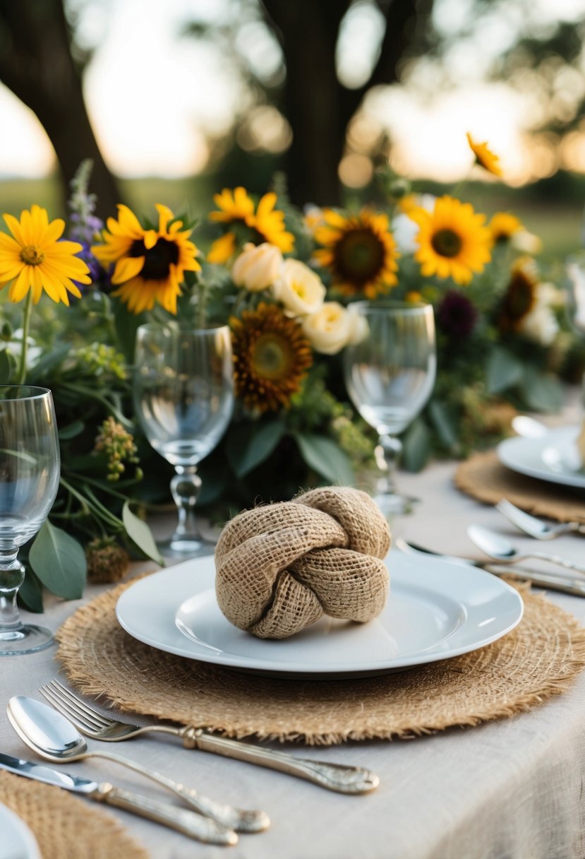 A rustic table set with knotted burlap napkin rings, vintage silverware, and wildflower centerpieces