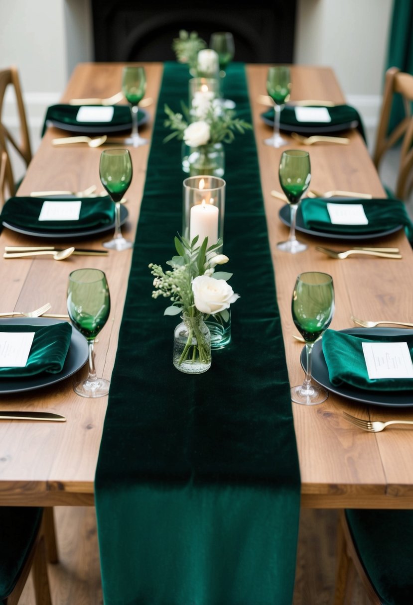 A dark green velvet table runner drapes elegantly across a wooden table, adorned with matching green wedding decorations