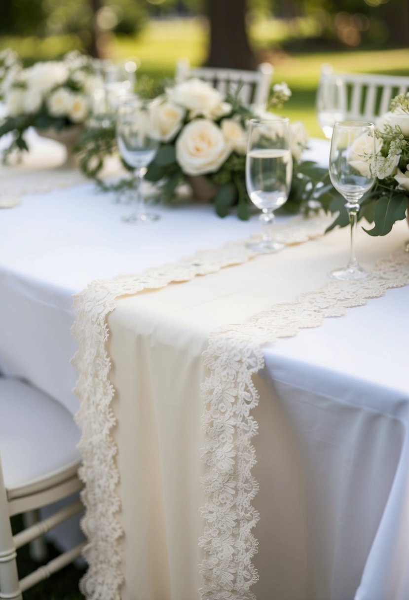 Ivory table runners with delicate lace trim adorn a pristine white wedding table