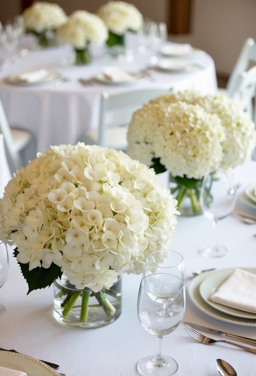 A table set with white hydrangea centerpieces, creating an elegant and serene all-white wedding decor