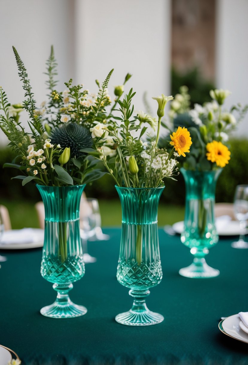 Emerald crystal vases hold wildflowers on a dark green wedding table