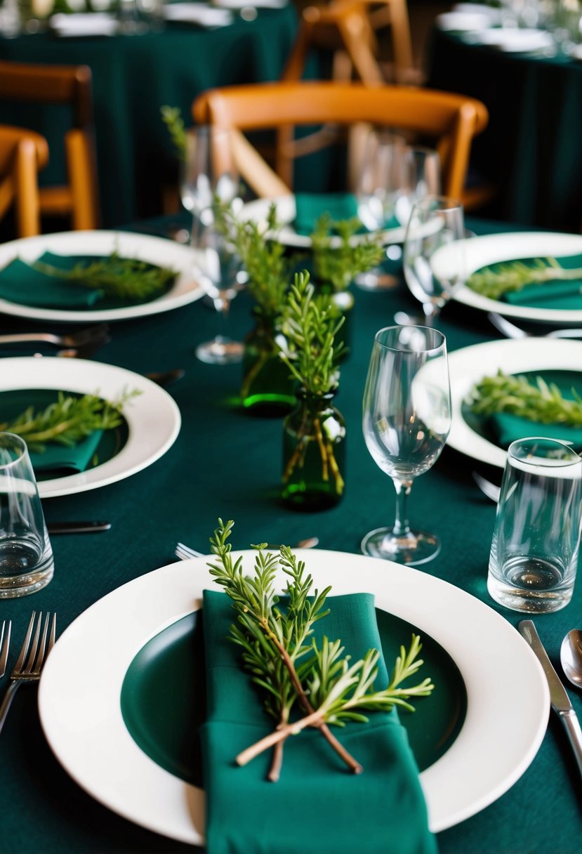 Green sprigs adorn each plate on a dark green wedding table