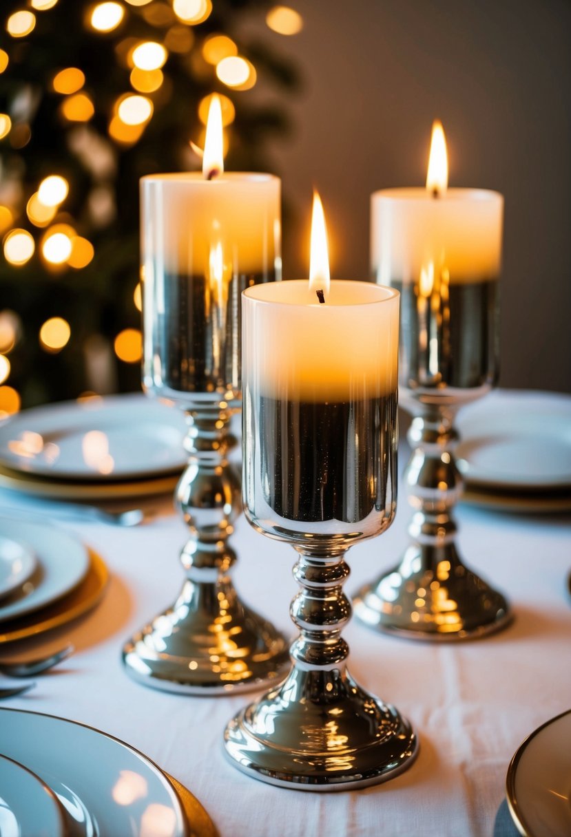 Mercury glass candle holders on white table with flickering candles