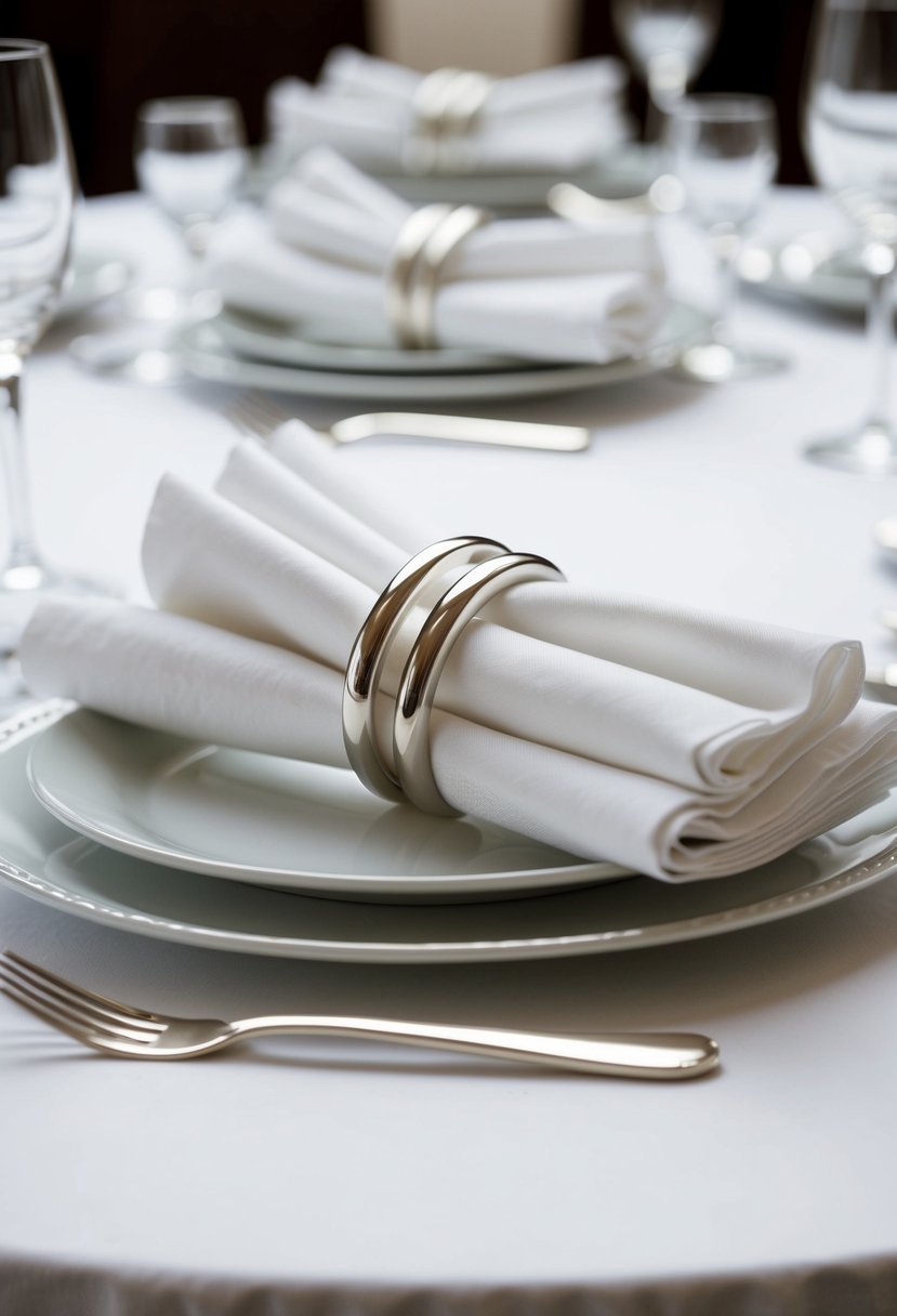 White napkins folded neatly with silver rings on a pristine table