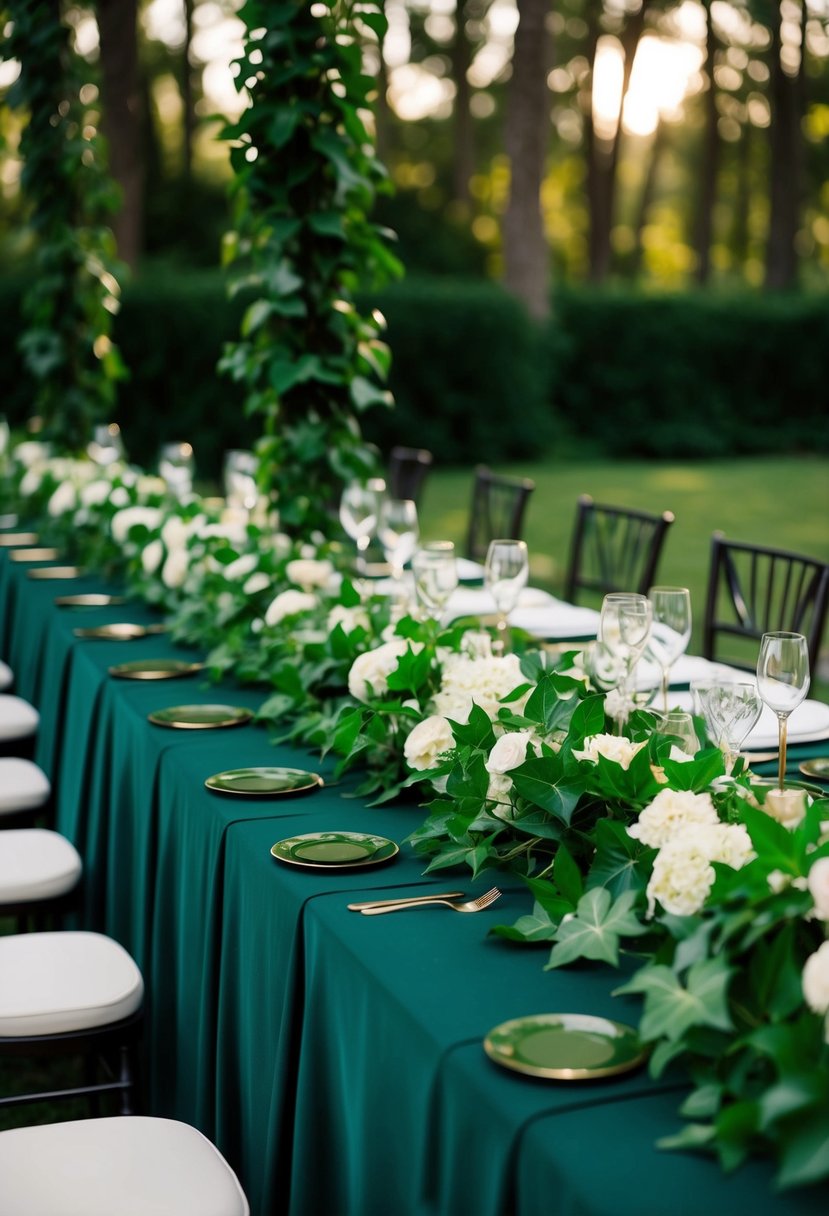 Lush ivy winds along dark green wedding table decor