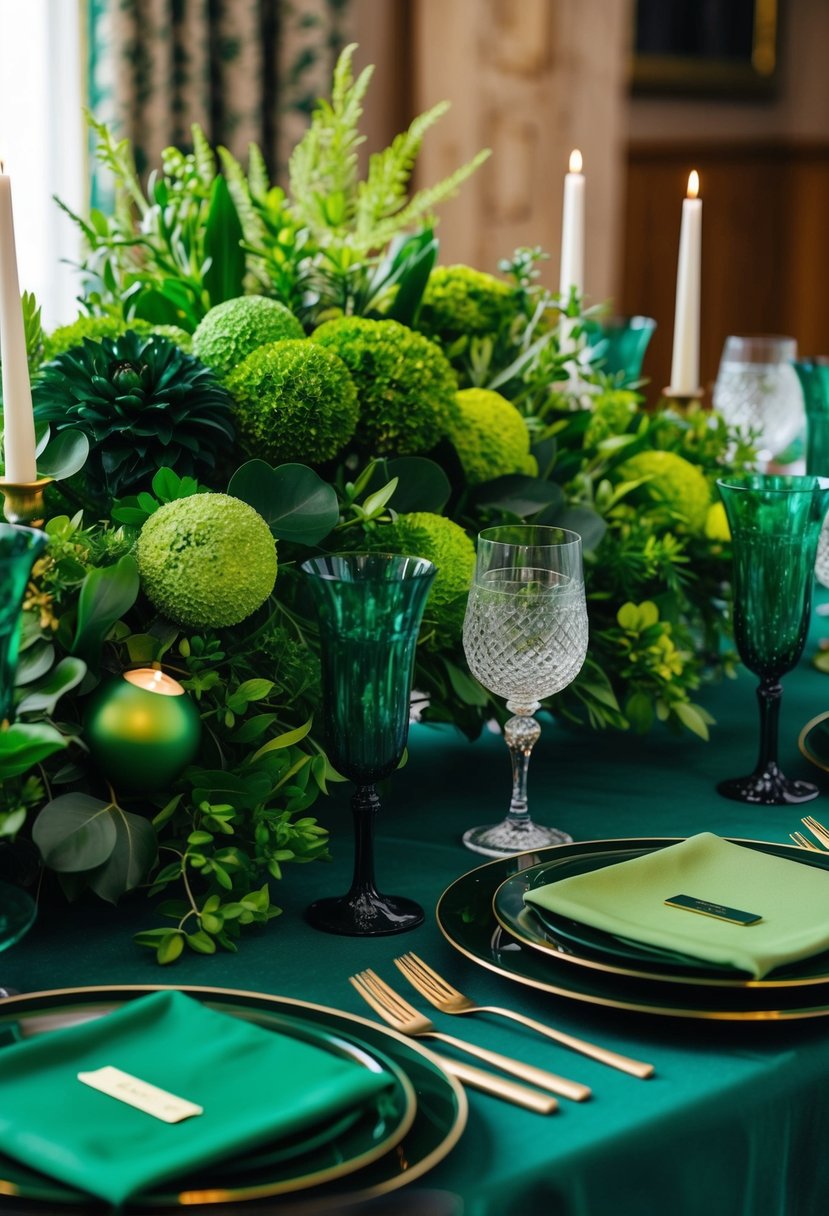 A lush, dark green table adorned with various shades of vibrant green decorations, creating a rich and elegant atmosphere